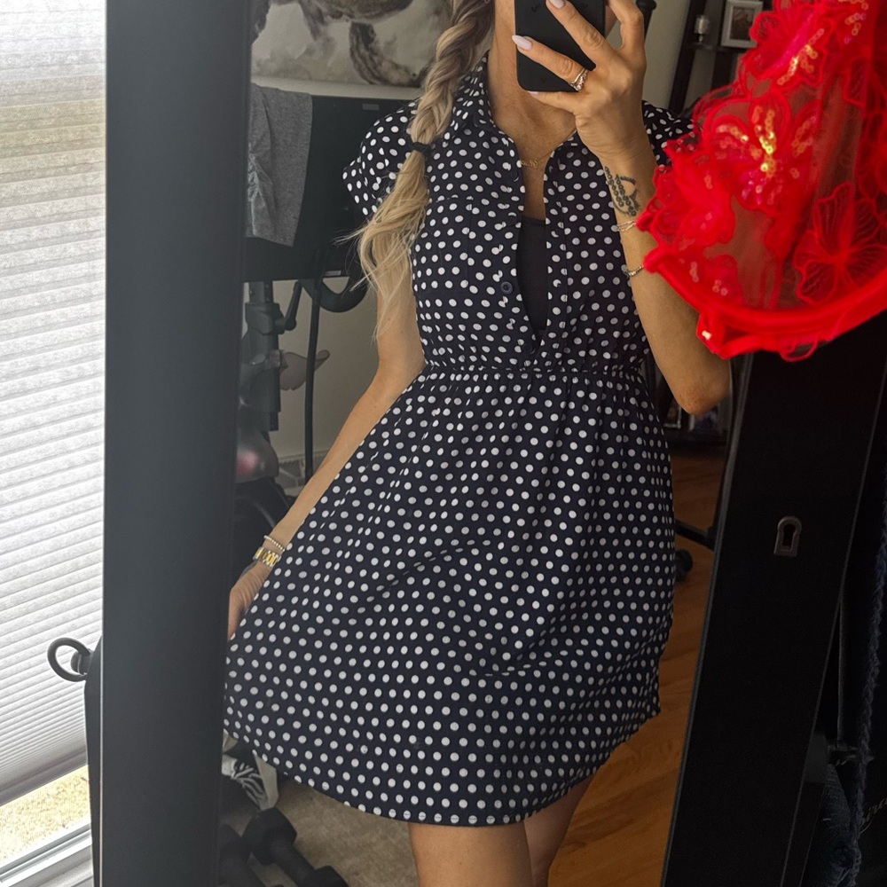 Polka Dot Women's Dress navy blue fall country a-line shirt dress Fashion Nova